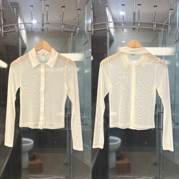 (NWOT) NLT Collared Mesh Sheer Button-Down Long Sleeve Blouse (White) - Picture 5 of 14